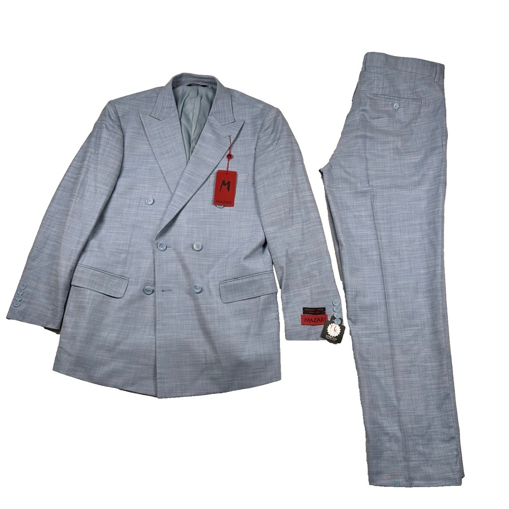 Mazari Suit Men 42R/36W Peak Lapel Performance Stretch Powder Blue Double Breast